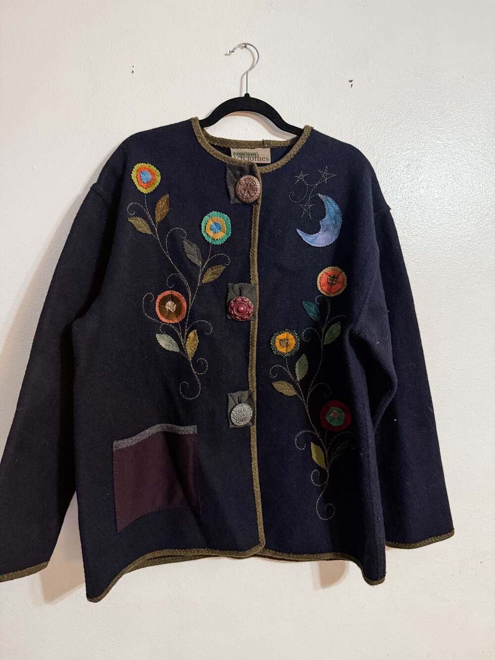 Vintage Jennifer Sly Kirk Artclothes Jacket Navy Wool With Appliqué NEW S/M